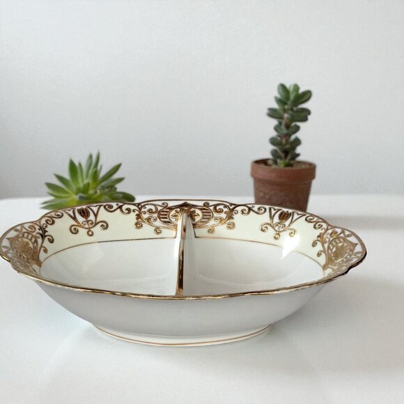 NORITAKE Hand Painted Gold Christmas Ball Divided Vegetable Bowl #175 - Picture 1 of 15